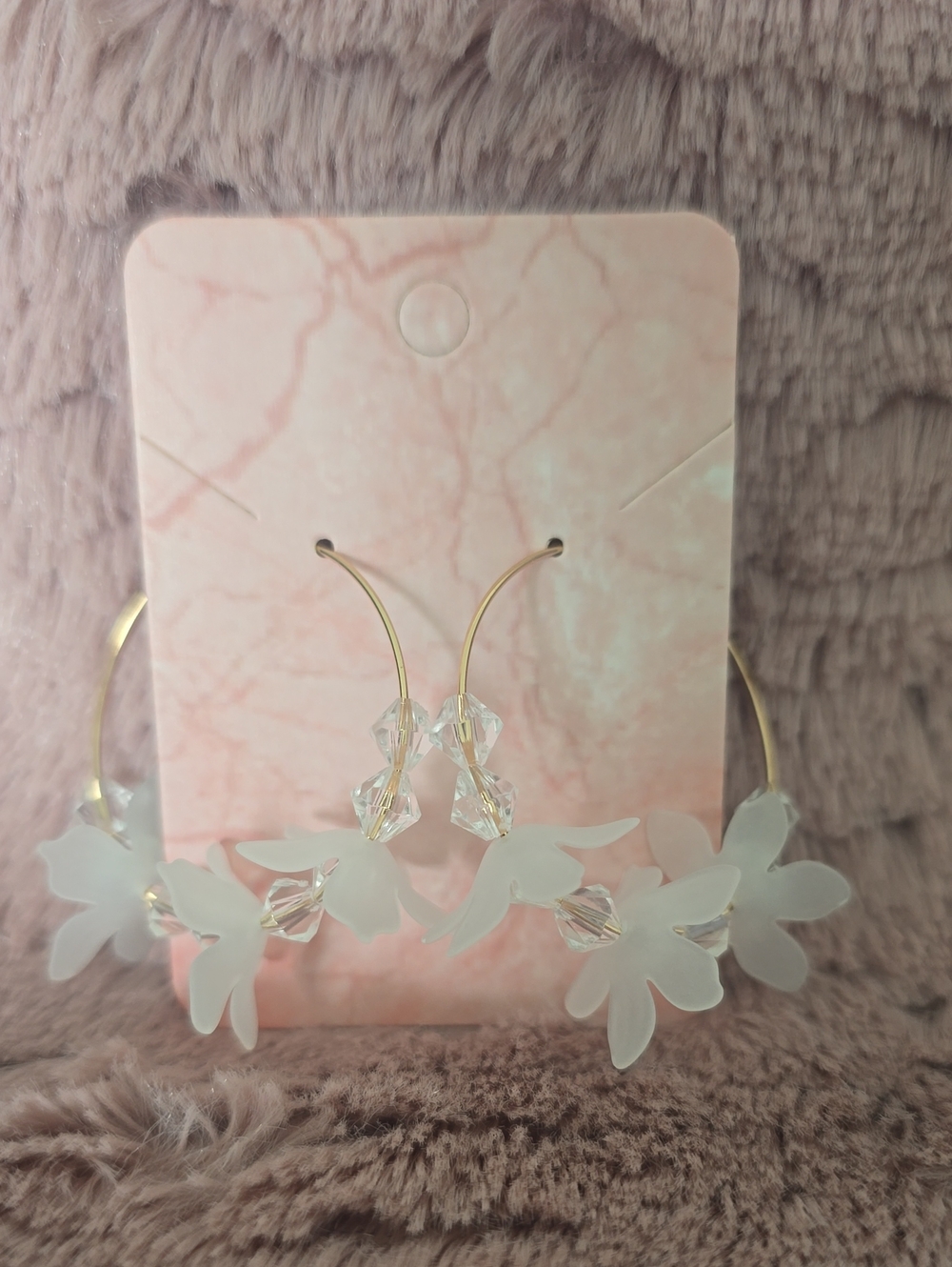 Gold Hoop Earrings with Frosted White Floral Accents
